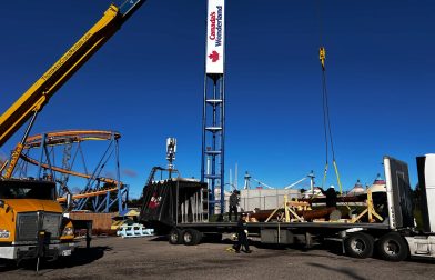 Flatbed delivery with crane unloading at Canada’s Wonderland, Vaughan
