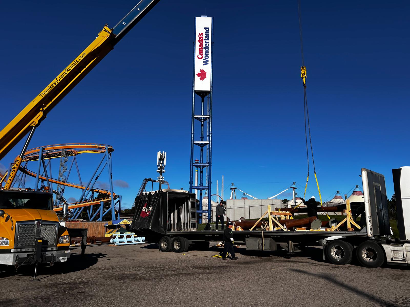 Flatbed delivery with crane unloading at Canada’s Wonderland, Vaughan