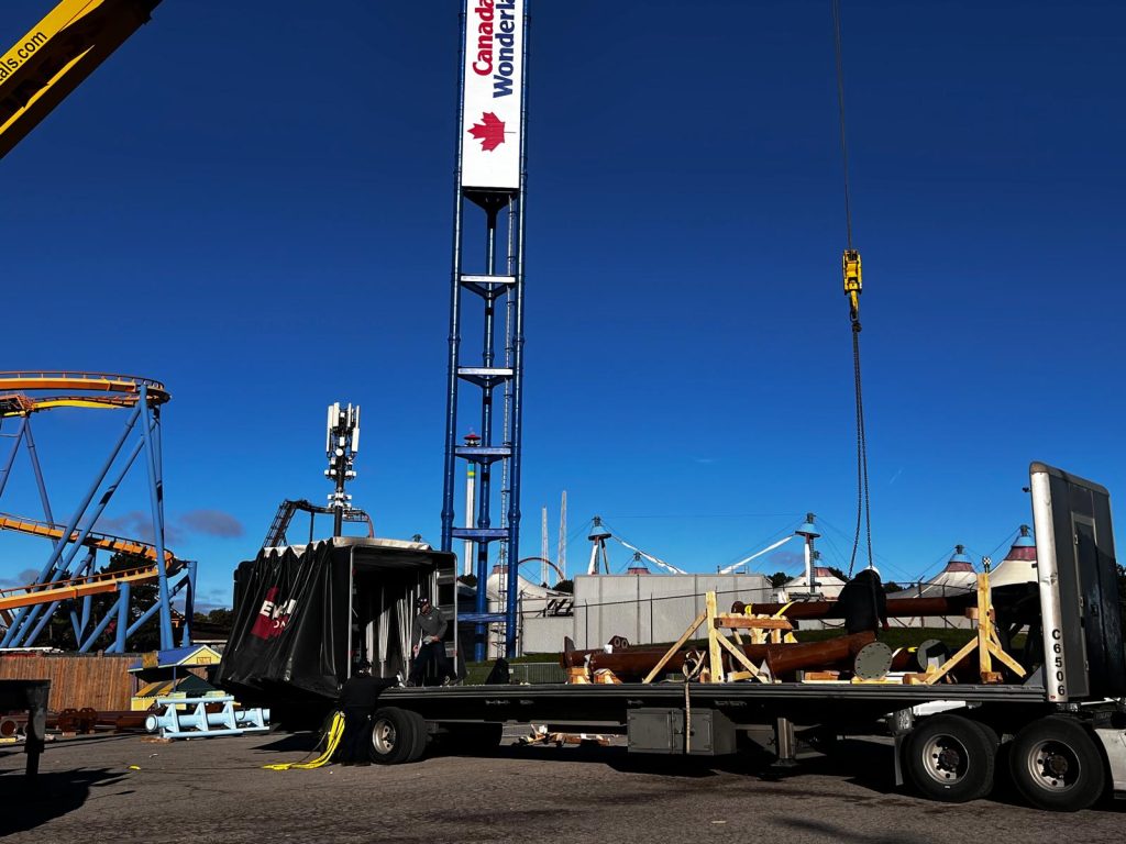 Flatbed trailer with fabricated components at Canada’s Wonderland