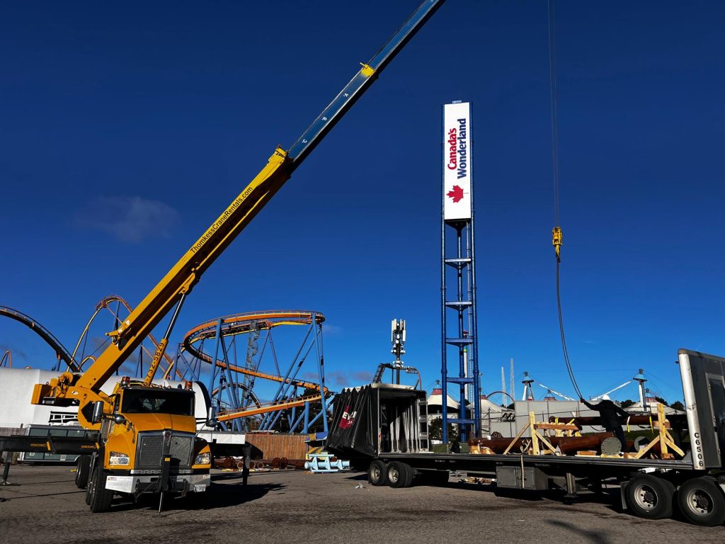 Mobile crane unloading specialized freight at Canada’s Wonderland
